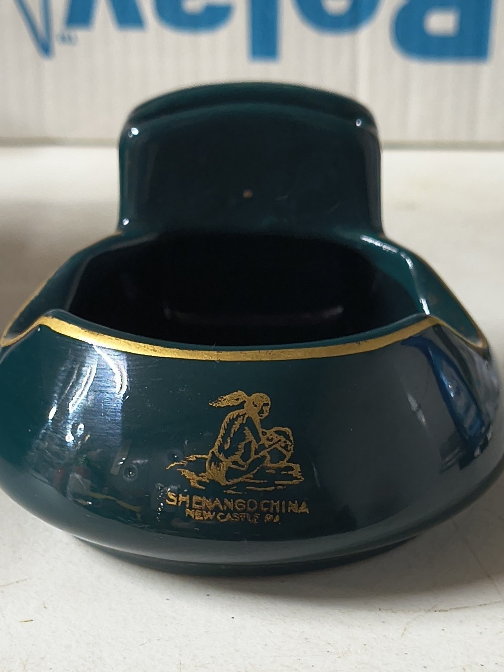 Vintage Dark Green Ceramic Ashtray With Built In Match Holder